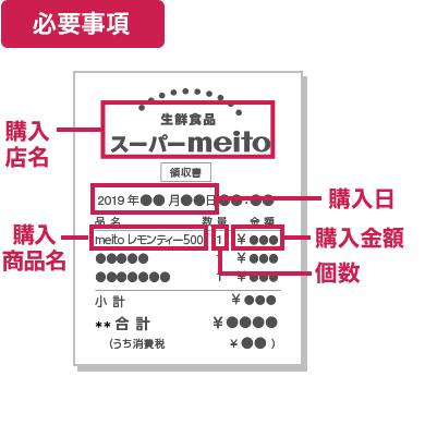 必要事項：購入店名、購入日、購入商品名、個数、購入金額